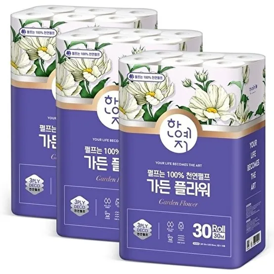 [한예지]한예지 가든 플라워 천연펄프 화장지 3겹 30m 30롤 3팩