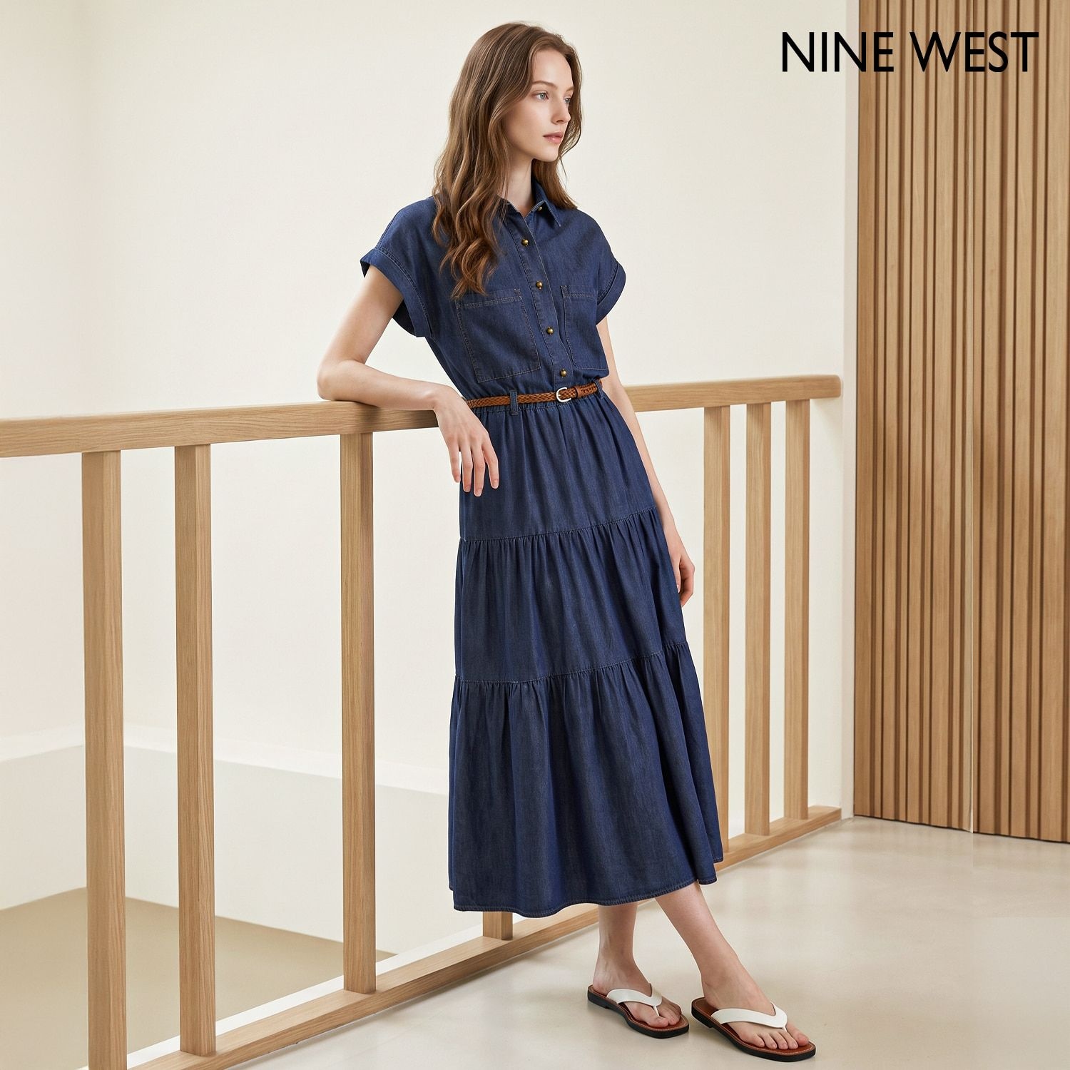 데님 벨티드 카라 반팔 롱 원피스 (NIDBOP054)