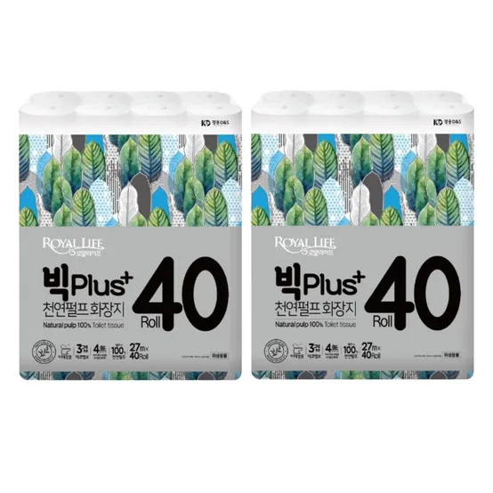 로얄라이프 빅플러스 3겹 천연펄프 화장지 27m 40롤 2팩