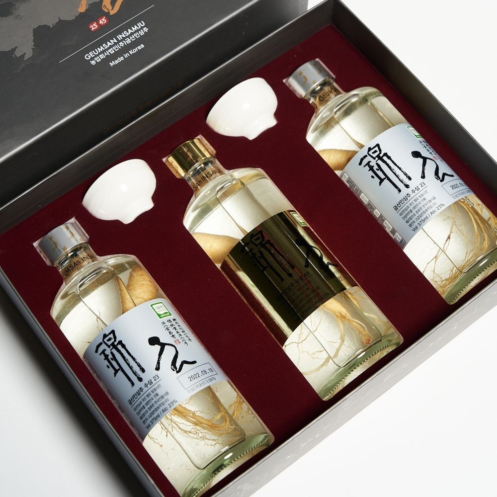 [오늘출발] 마깨주 금산인삼주 한뿌리세트 1호 23도 375ml 2병, 43도 1병 (잔,케이스,쇼핑백)