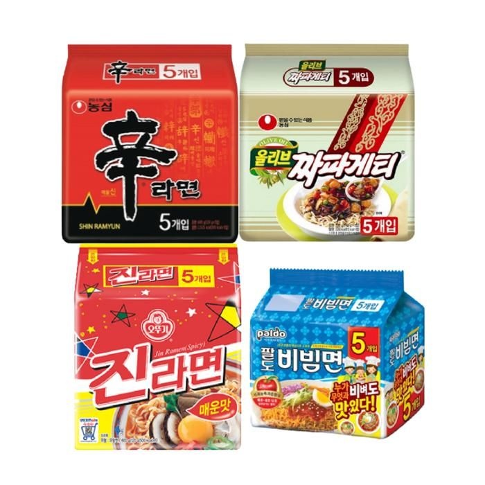 봉지라면 4종 혼합 각1팩 / 신라면+진라면 매운맛+짜파게티+팔도 비빔면