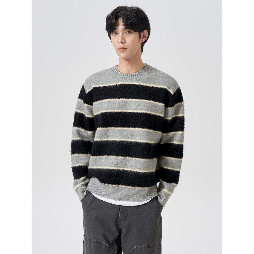 에잇세컨즈 424Y51LY43 남성 니트 울 멀티 스트라이프 라운드 그레이 4638969
