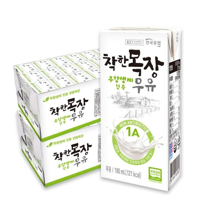[건국우유] 건국 착한목장 무항생제 멸균 우유 190ml 48개