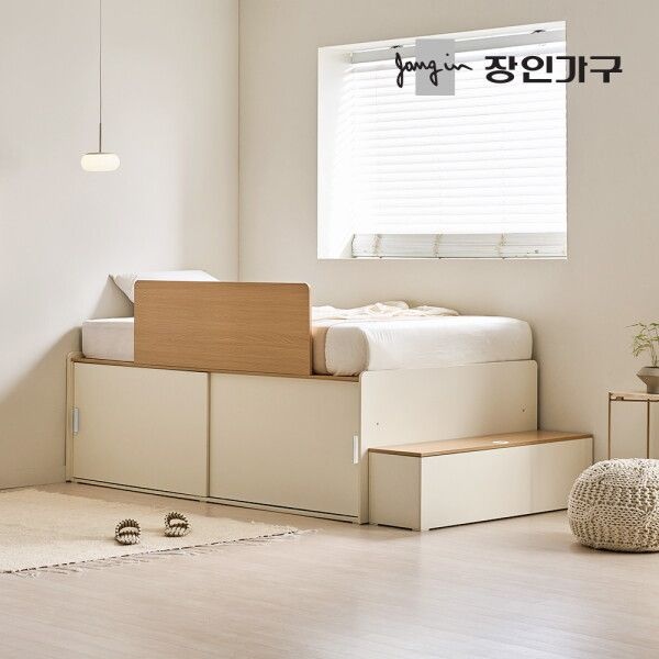 장인가구 [장인가구] (무료배송) 도피오 슬라이딩 빅수납 높은 침대 프레임 SS (높이620)+7존포켓+수납계단+안전가드