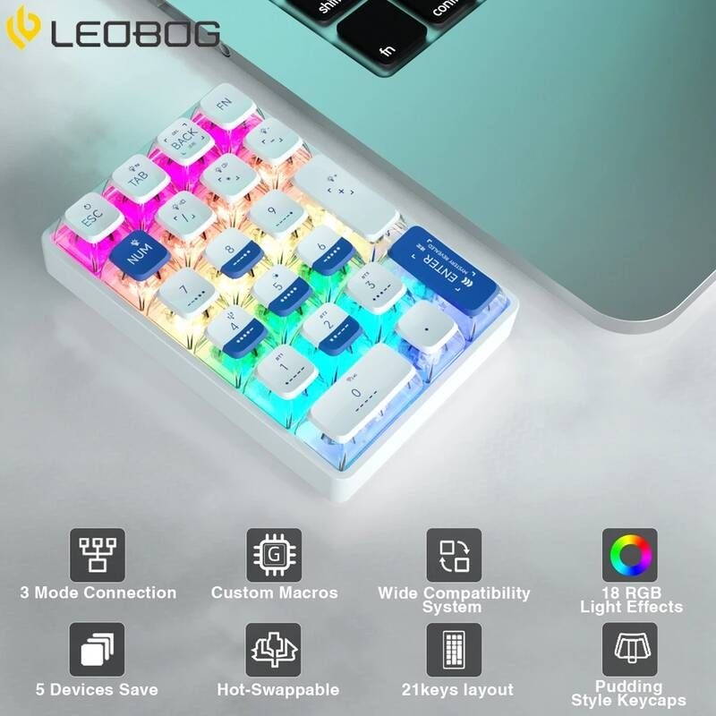 UnKnown [해외] 무선 기계식 블루투스 키보드 LEOBOG K21 숫자 패드 키패드 21 키 투명 포토샵 회계 게임용