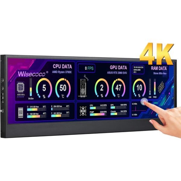 wisecoco [해외] 14인치 4K UHD IPS 3840x1100 스트레치 바 터치스크린 디스플레이 모니터 노트북 PC 속도 온도 Windows Aida64 CPU GPU HDMI 지원