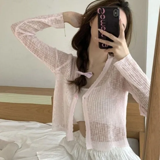 가디건 여름 시스루 크롭 아우터 프릴 외투 1개
