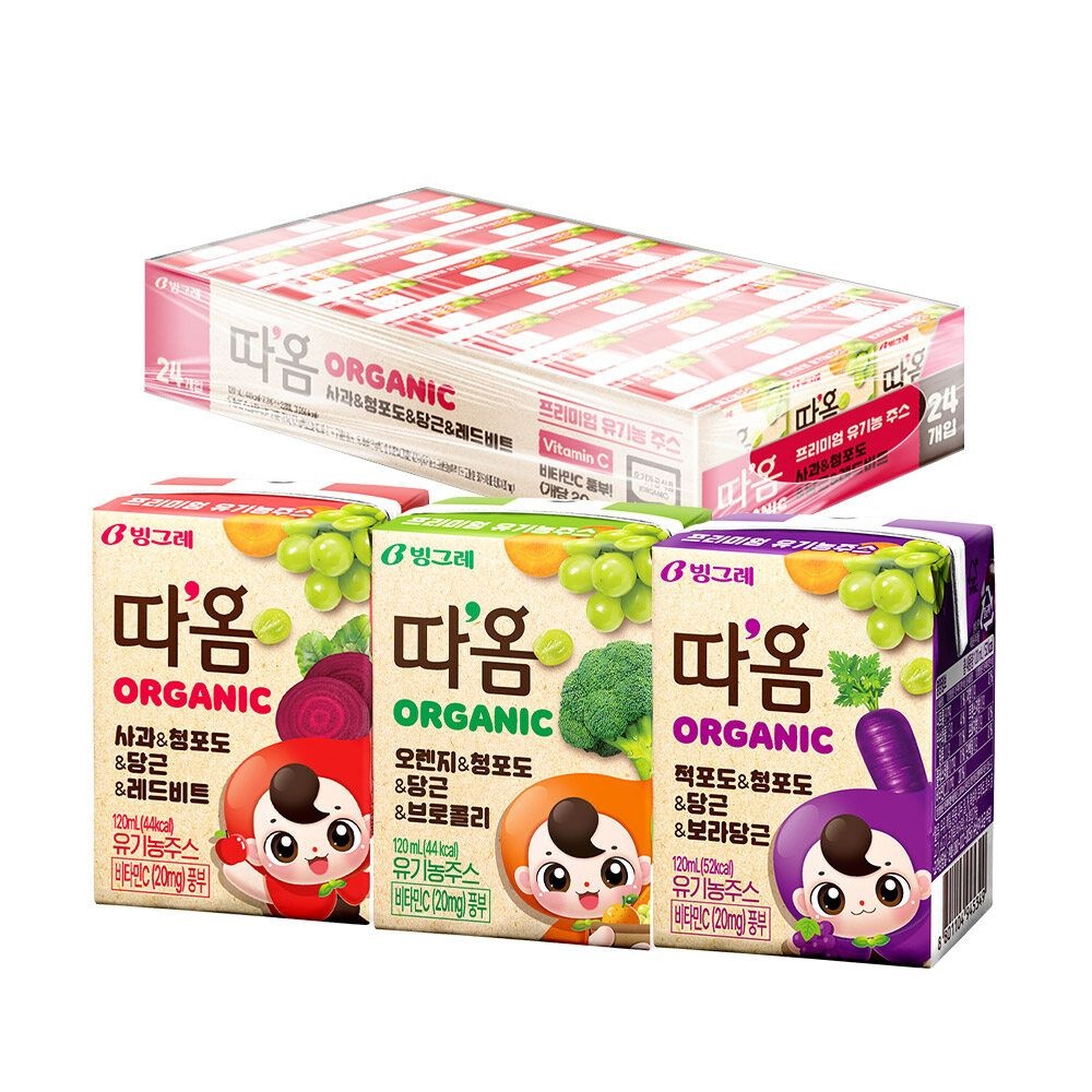 [빙그레] 따옴 유기농주스 120ml 사과/오렌지/적포도 24팩