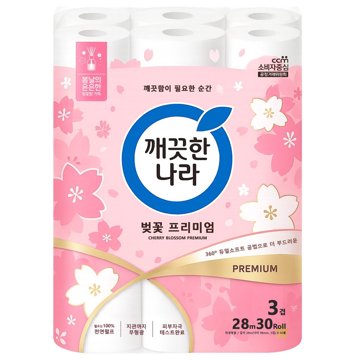 깨끗한나라 벚꽃 프리미엄 3겹 데코 30롤 1팩 펄프 화장지 휴지 허브가든
