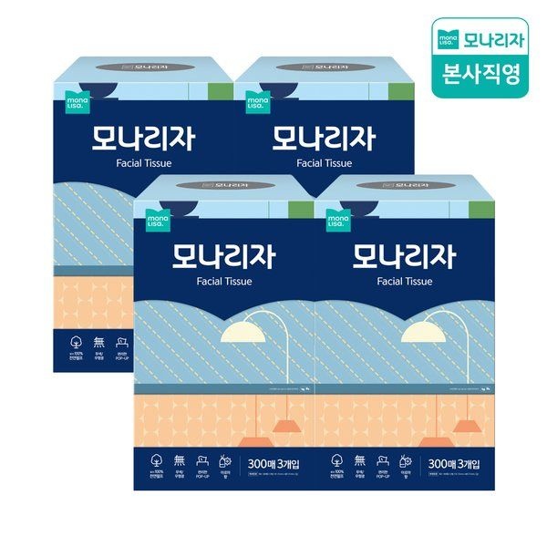 모나리자 [주문폭주] 미용티슈 300매*3입 4팩 (총12입) 각티슈 프리미엄 화장지