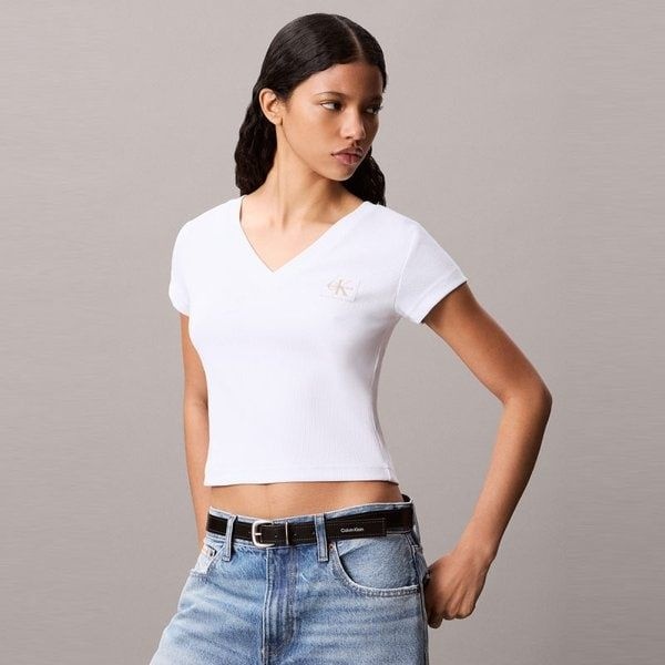 Calvin Klein Jeans 여성 우븐라벨 베이비립 브이넥 티47C910G GTZ513 VGD266