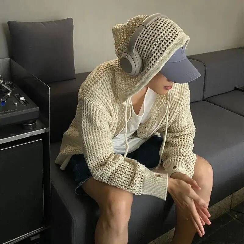 [해외] 남자 니트 남성 머슬핏 카라티 Hollow Out 가디건 Sweaters Men Knitted 여름 Casual Coats Breathe 패션 Clothing Hooded Lightweight