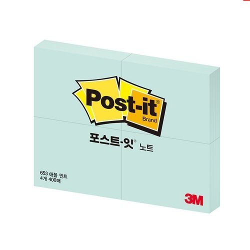 서락 3M 포스트잇 일반 653-4 애플민트 [51X38 100매 4패드] 점착메모지 독서용품 떡메모지