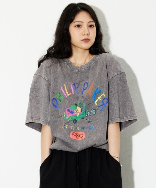 필립페이커 비엠씨 미니 버스 크레용 반팔티셔츠 피그먼트 빈티지 그레이