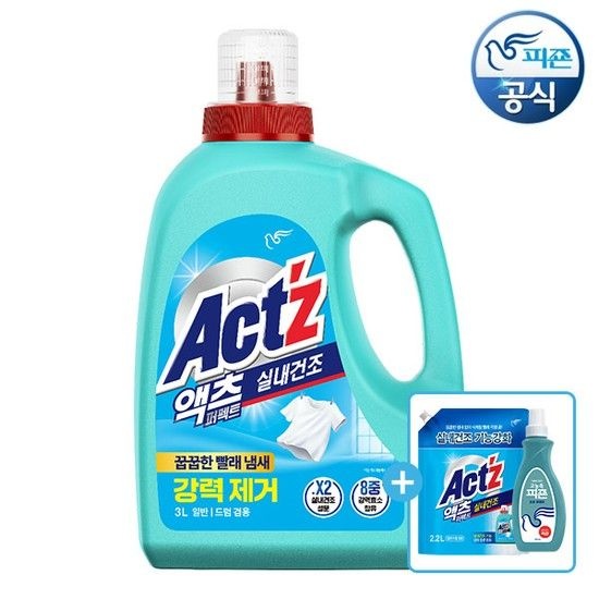 [섬유유연제 750ml 1개 추가] 액츠 세탁세제 퍼펙트 실내건조(일반/드럼겸용) 3L 용기 x 1개+2.2L 리필 x 1개 (없음)