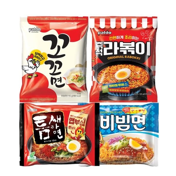 자체제작 팔도 봉지라면 4종혼합 꼬꼬면 5개 + 라볶이 4개 + 틈새라면 빨계떡 5개 + 비빔면 5개