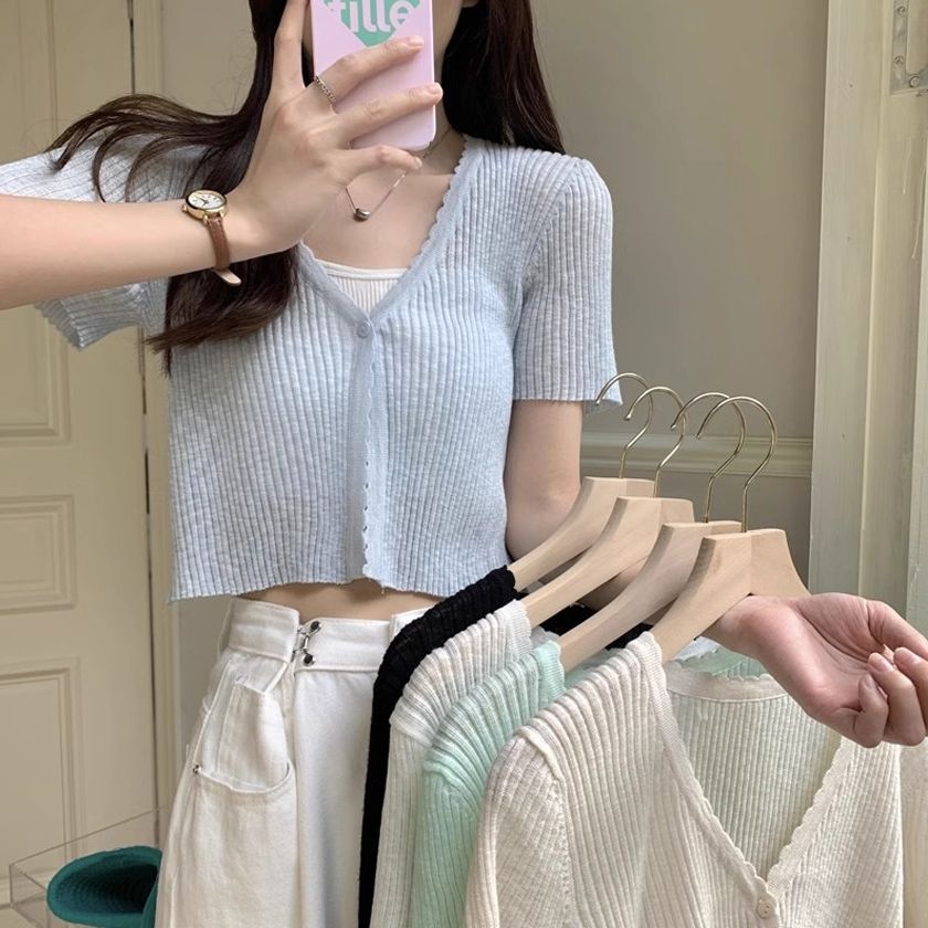 여름 데일리 골지 시스루 반팔 크롭 니트 가디건