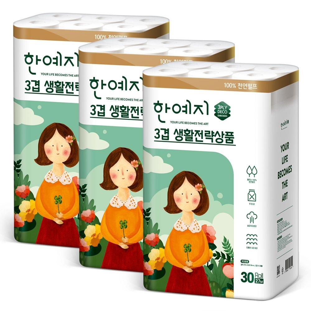 한예지 생활전략상품 천연펄프 화장지 27m, 30롤, 3팩