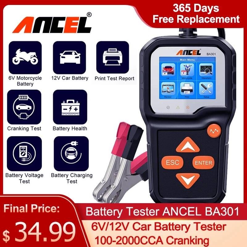 [해외] 자동차배터리충전기 ANCEL-BA301 자동차 배터리 테스터 12V 6V 오토바이 크랭크 테스트 2000 CCA 보트 충전기 분석기 상