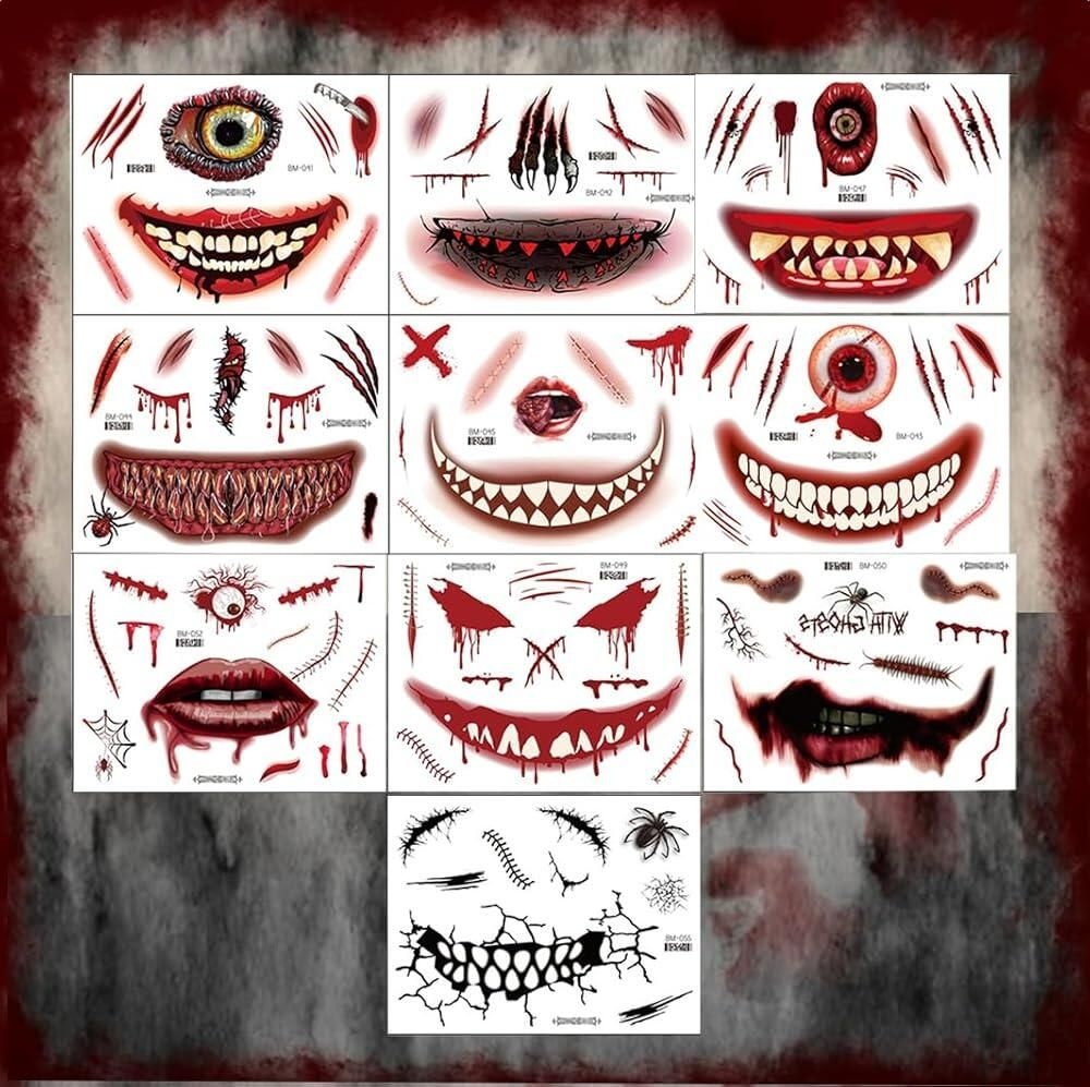 [해외] 10 Sheets Halloween Temporary Tattoos Zombie Makeup Kit with Face Tattoo Stickers Fake Scars Bloody Mouth & Stitches for Adults Kids Horror Prank Prop