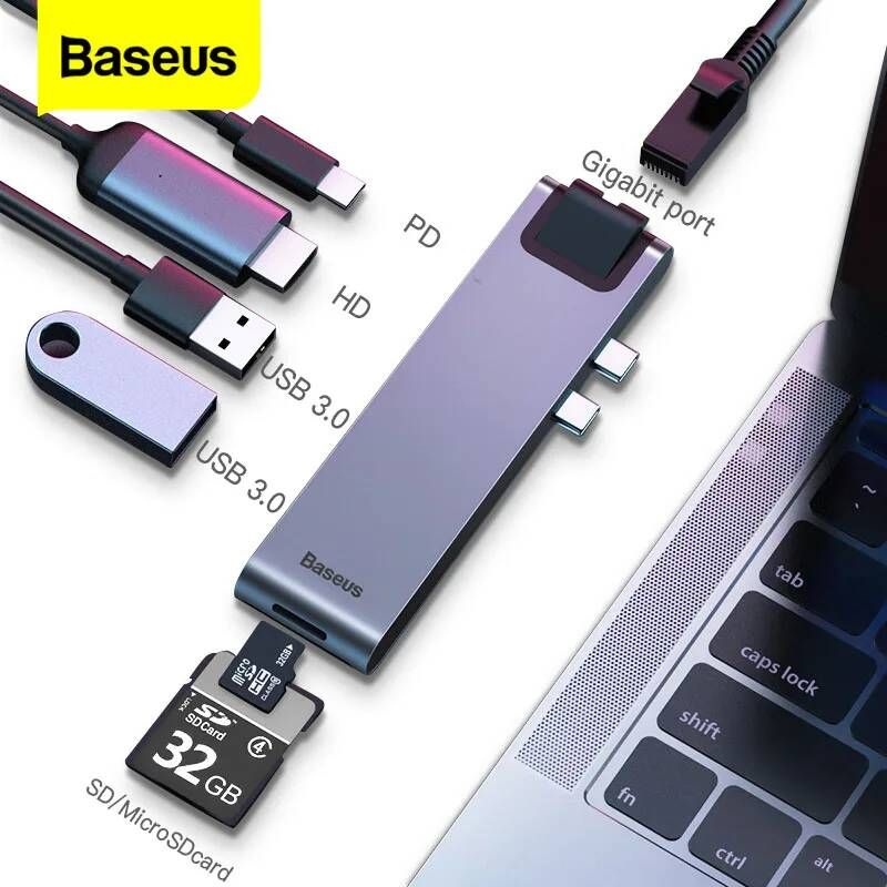 UnKnown [해외] 노트북 멀티포트 C타입 Baseus USB C 타입 허브 프로 에어 USB-C 도크 분배기 전원 어댑터 4K 30Hz HD RJ45 이더넷 3.0 TB PD