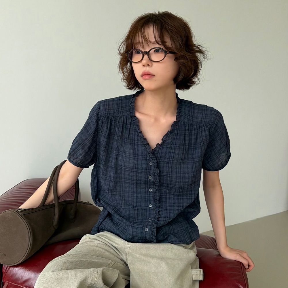 Check frill V-neck blouse [TISU07BL07]_Navy