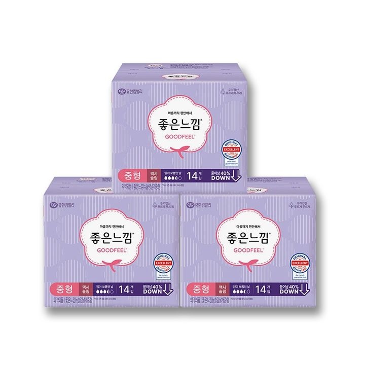 좋은느낌 오리지널 에이슬림 맥시슬림 생리대 날개형 중형 14개입 3개