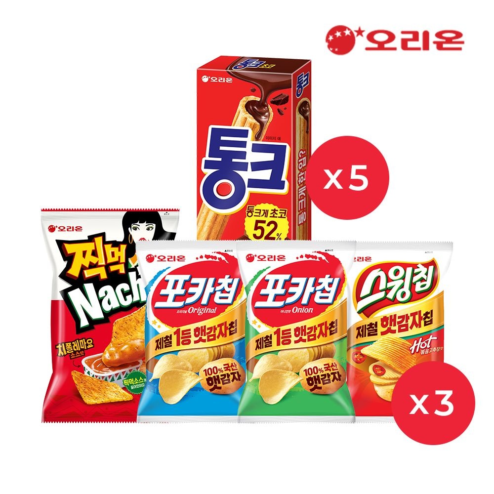 롯데x오리ON 맛잘알 모음팩 (찍먹 나쵸 치폴레 3개+포카칩 오리 3개+포카칩 어니언 3개+스윙칩 고추장 3개+통크 5개)