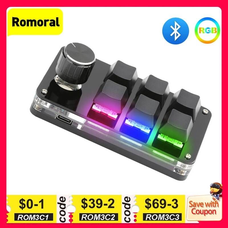 UnKnown [해외] 무선 기계식 블루투스 키보드 USB 사용자 정의 매크로 3/6 키 1 노브 프로그래밍 RGB 게임 포토샵 Hotswap 미니 BT