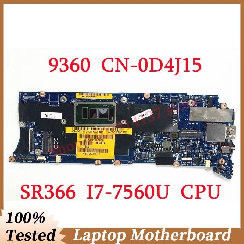 [해외] 마더보드 메인보드 Dell XPS 9360 CN-0D4J15 0D4J15 D4J15 SR366 I7-7560U CPU CAZ00 LA-D841P 노트북 마더 보드 100% 전체 테스트 잘 작