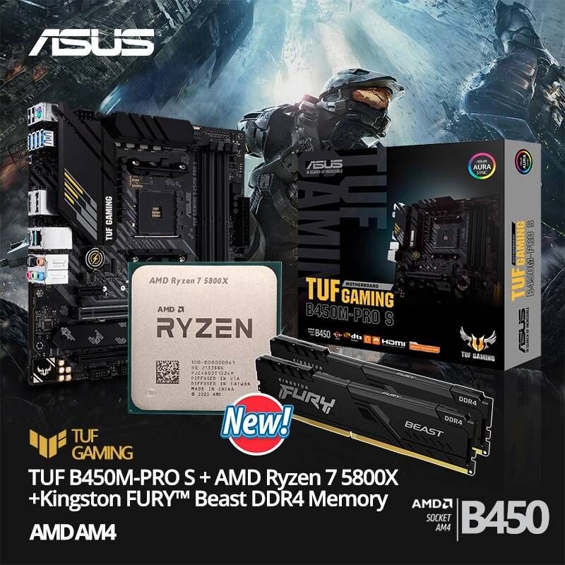[해외] 마더보드 메인보드 AMD-마더보드 Ryzen 7 5800X R7 CPU + ASUS TUF B450M PRO S Kingston FURY Beast DDR4 16G (8G * 2)3200MHz 메모리 슈트