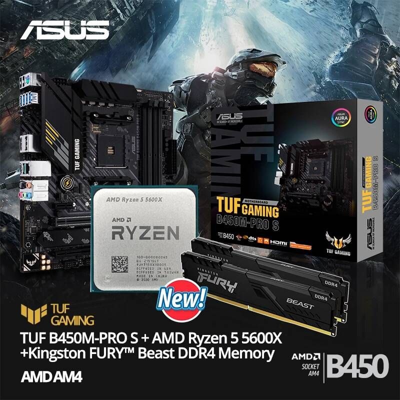 [해외] 마더보드 메인보드 AMD Ryzen 5 5600X R5 CPU + ASUS TUF B450M PRO S Kingston FURY Beast DDR4 16G (8G * 2)3600MHz 메모리 슈트