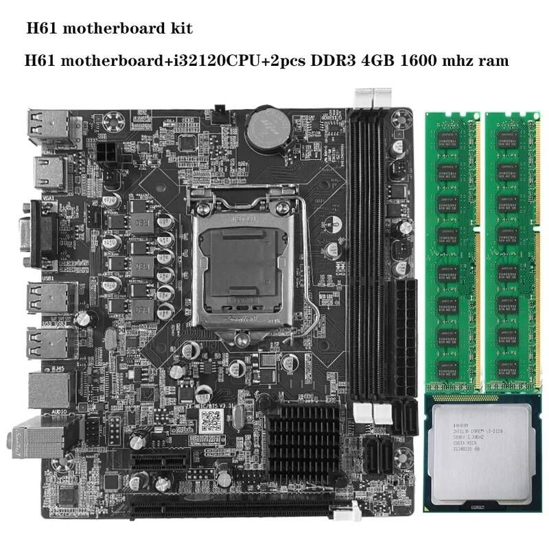 [해외] 마더보드 메인보드 H61M LGA 1155 인텔 칩셋 SATA2.0 포트 소켓 DDR3 지원 LGA1155 PCI E 8X 마더 보드 H61 i3 2120 CPU 4GB 1600Mhz RAM