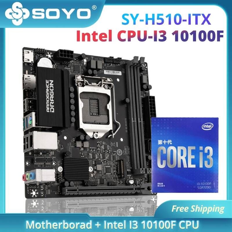 [해외] 마더보드 메인보드 SOYO H510-ITX 인텔 I3 10100F CPU 마더 보드 키트 듀얼 채널 DDR4 M.2 NVME PCIE4.0x16 데스크탑 PC 용 [쿨러