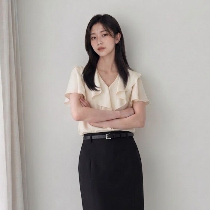 더아이잗 (더아이잗) 러플 드레이프 브이넥 블라우스 ISTP0BL108