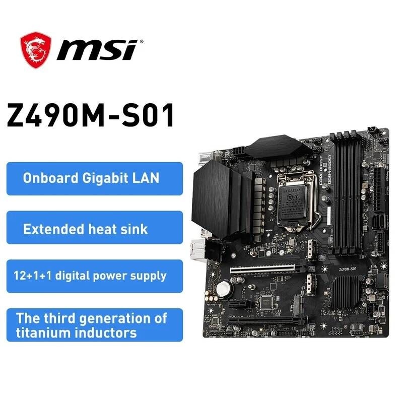 [해외] 마더보드 메인보드 MSI 마더 보드 Z490M-S01 LGA 1200 DDR4 인텔 Z490 128GB USB3.2 SATA 3 마이크로 ATX 10 세대 PCI-E HDMI 코어