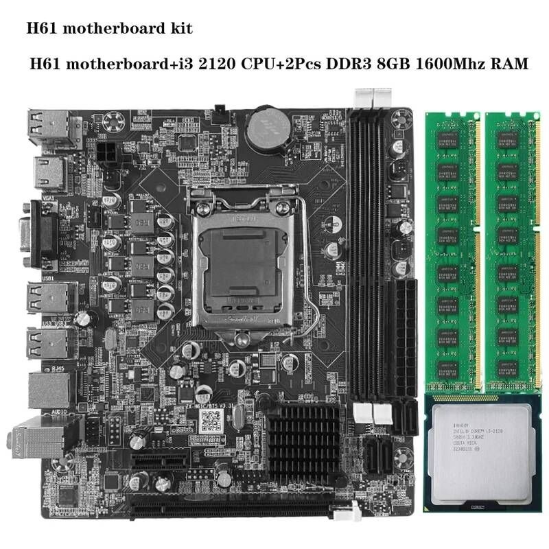 [해외] 마더보드 메인보드 H61M LGA 1155 인텔 칩셋 SATA2.0 포트 소켓 DDR3 지원 LGA1155 PCI E 8X 마더 보드 H61 i3 2120 CPU 8GB 1600Mhz RAM