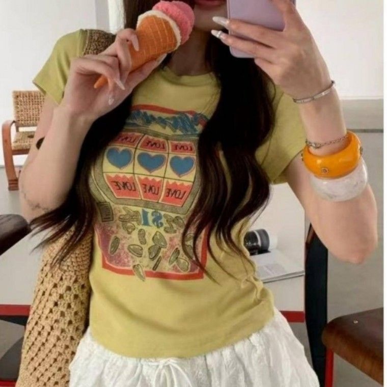 여성 슬롯머신 티셔츠 스판 슬림핏 크롭 빈티지 반팔