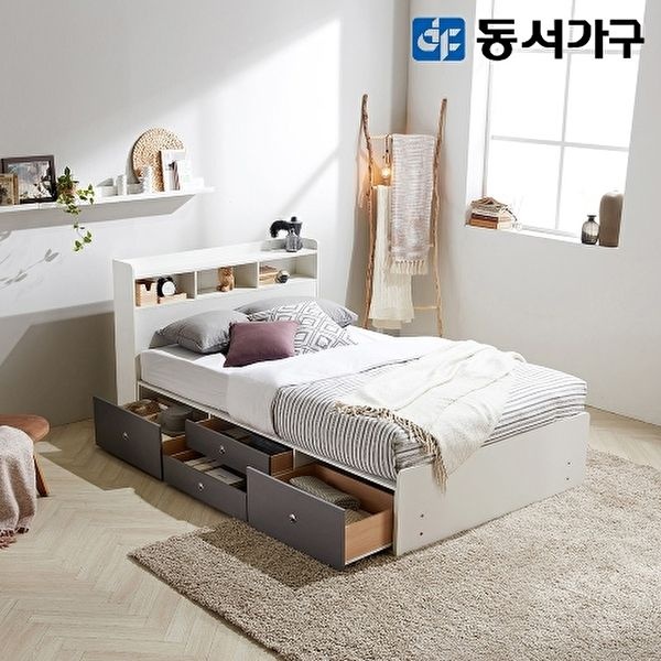 [동서가구]루젠화이트 슈퍼싱글 SS 수납헤드 깊은서랍 침대+양면 매트리스 DF638727