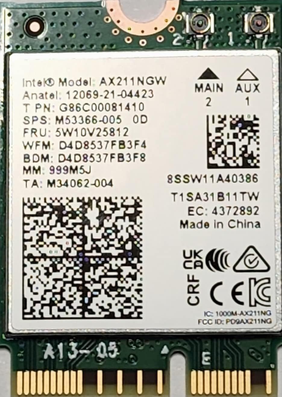 인텔 AX211 IEEE 802.11ax 블루투스 5.3 Wi-Fi/블루투스 콤보 어댑터