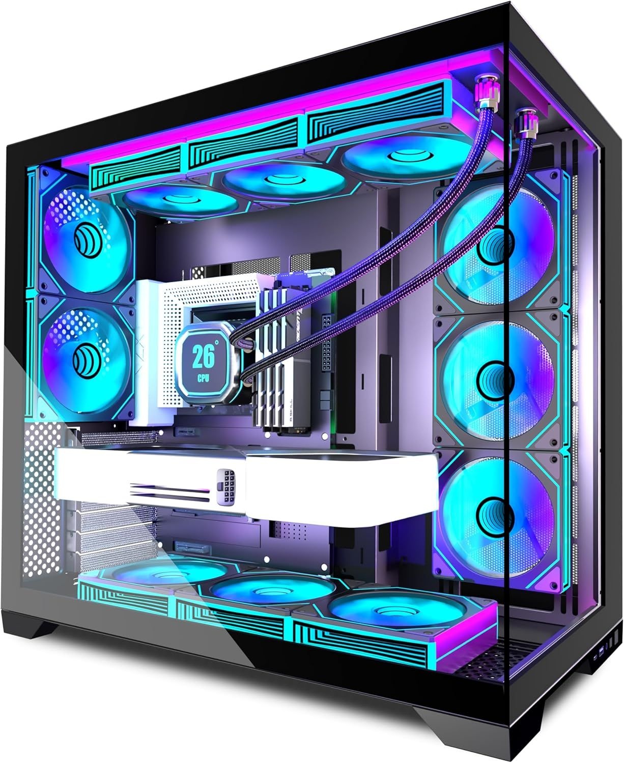 ANSAITE PC 케이스 9 PWM ARGB 팬 사전 설치, 미드 타워 게이밍 케이스, 타입-C, 420mm 및 360mm 라디에이터 지원 ,블랙, K9