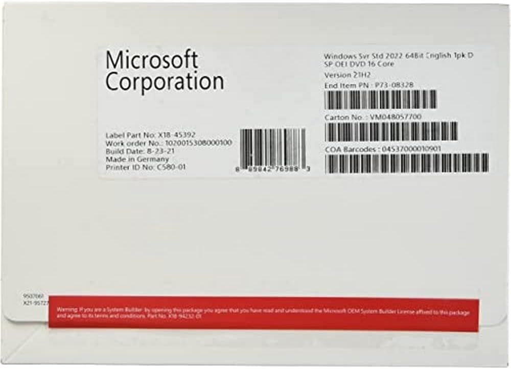 Microsoft Windows Server 2022 표준 | 미디어 및 키가 포함된 기본 라이선스 16 코어