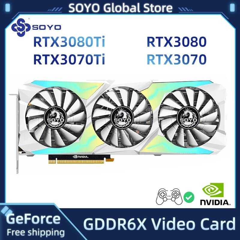[해외] SOYO GeForce RTX3070Ti RTX3080Ti 그래픽 카드 GDDR6X 256Bit 12Pin NVIDIA 게임용 비디오 컴퓨터 PC PCI Express X16 4.0