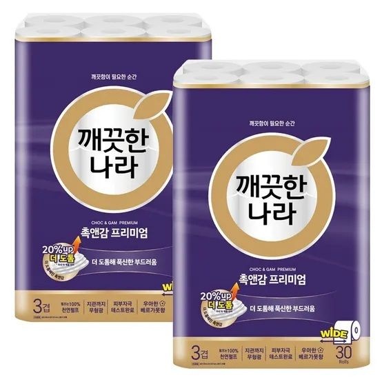 [온누리7%혜택]깨끗한나라 화장지 3겹 촉앤감 케어 30m 30롤 2개