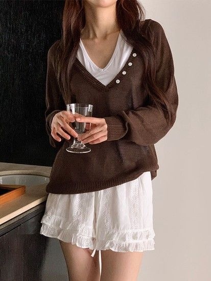 라팜 브이넥 루즈핏 시스루 니트티_M4969