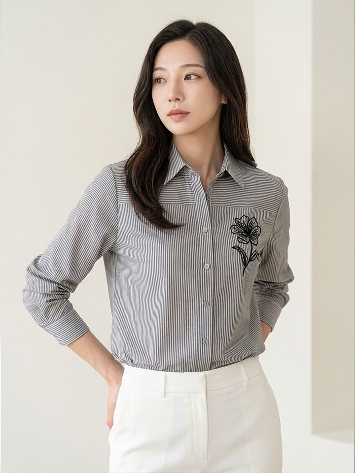 크로커다일레이디 핀스트라이프 플라워 자수 7부 셔츠_CLEFBL901