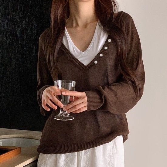 라팜 브이넥 루즈핏 시스루 니트티_M4969