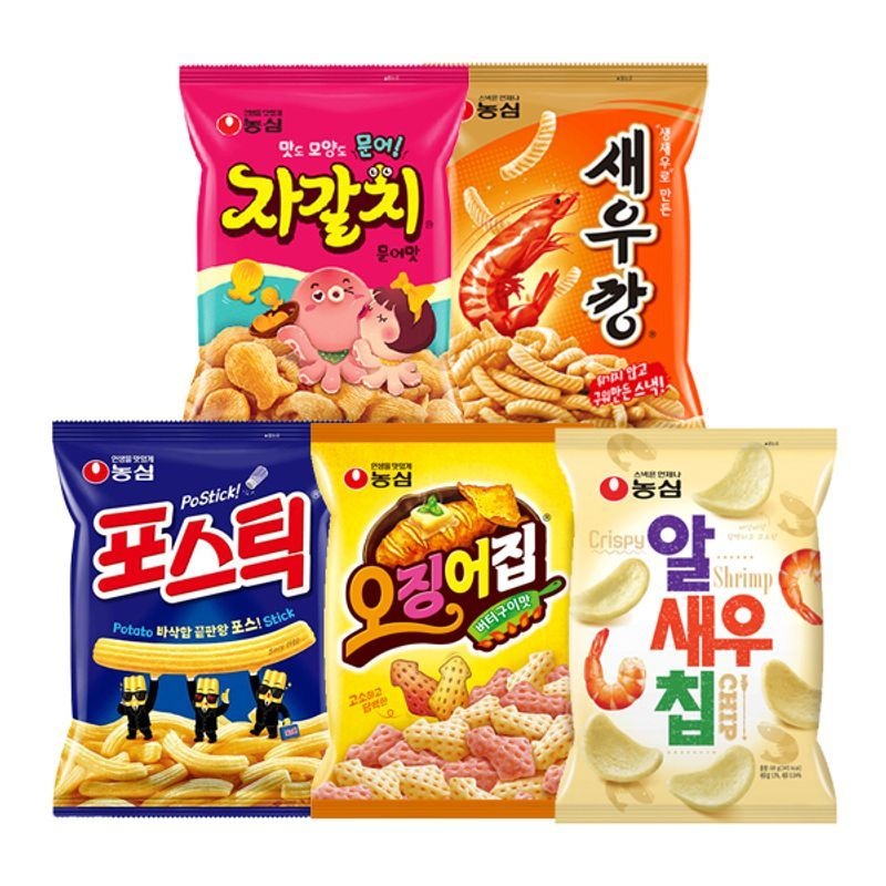 농심 자갈치+새우깡+포스틱+오징어집+알새우칩 2봉씩 과자세트(10봉)