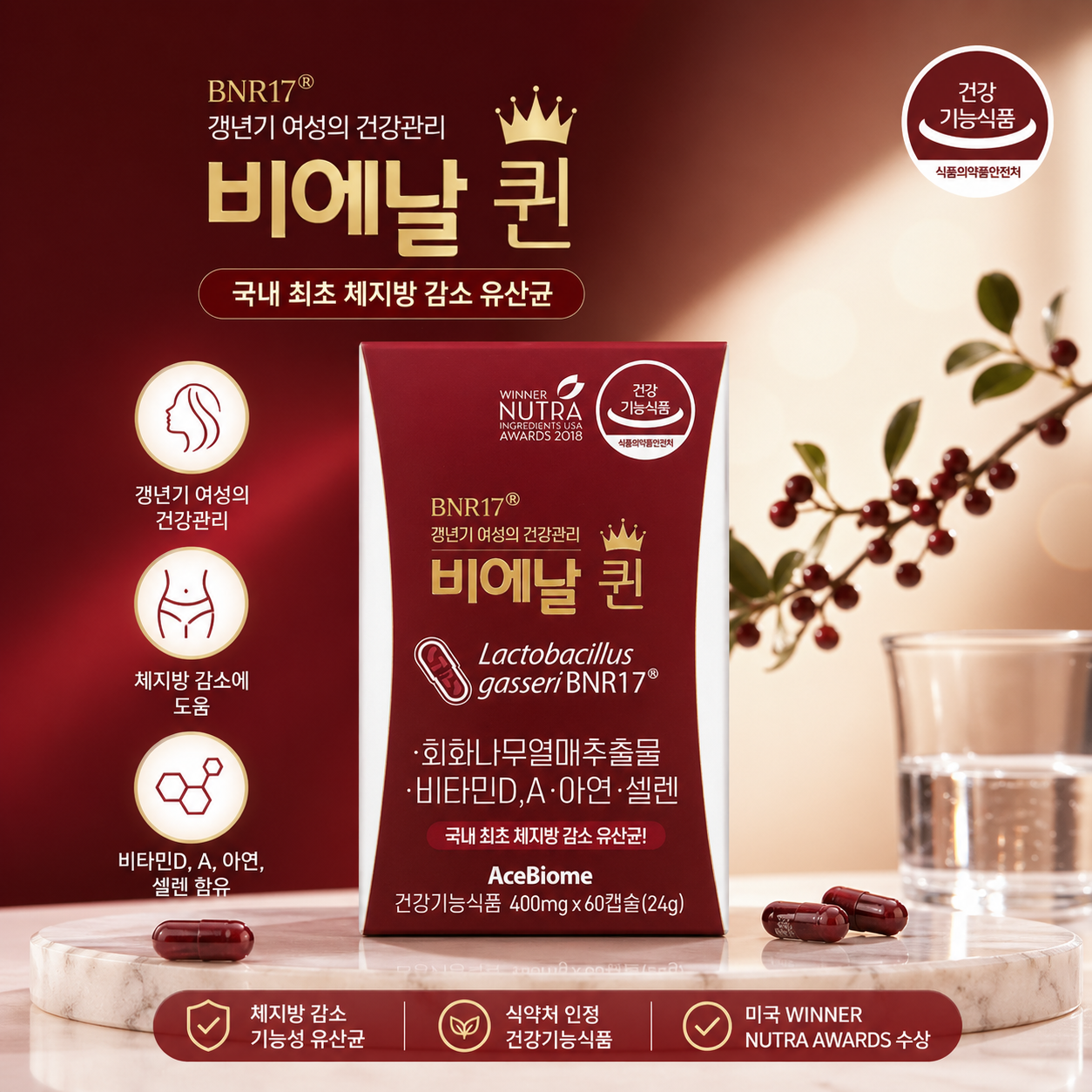 [오늘출발] 비에날씬 비에날 퀸 BNR17 갱년기유산균 400mg x 60캡슐 1박스 MJM
