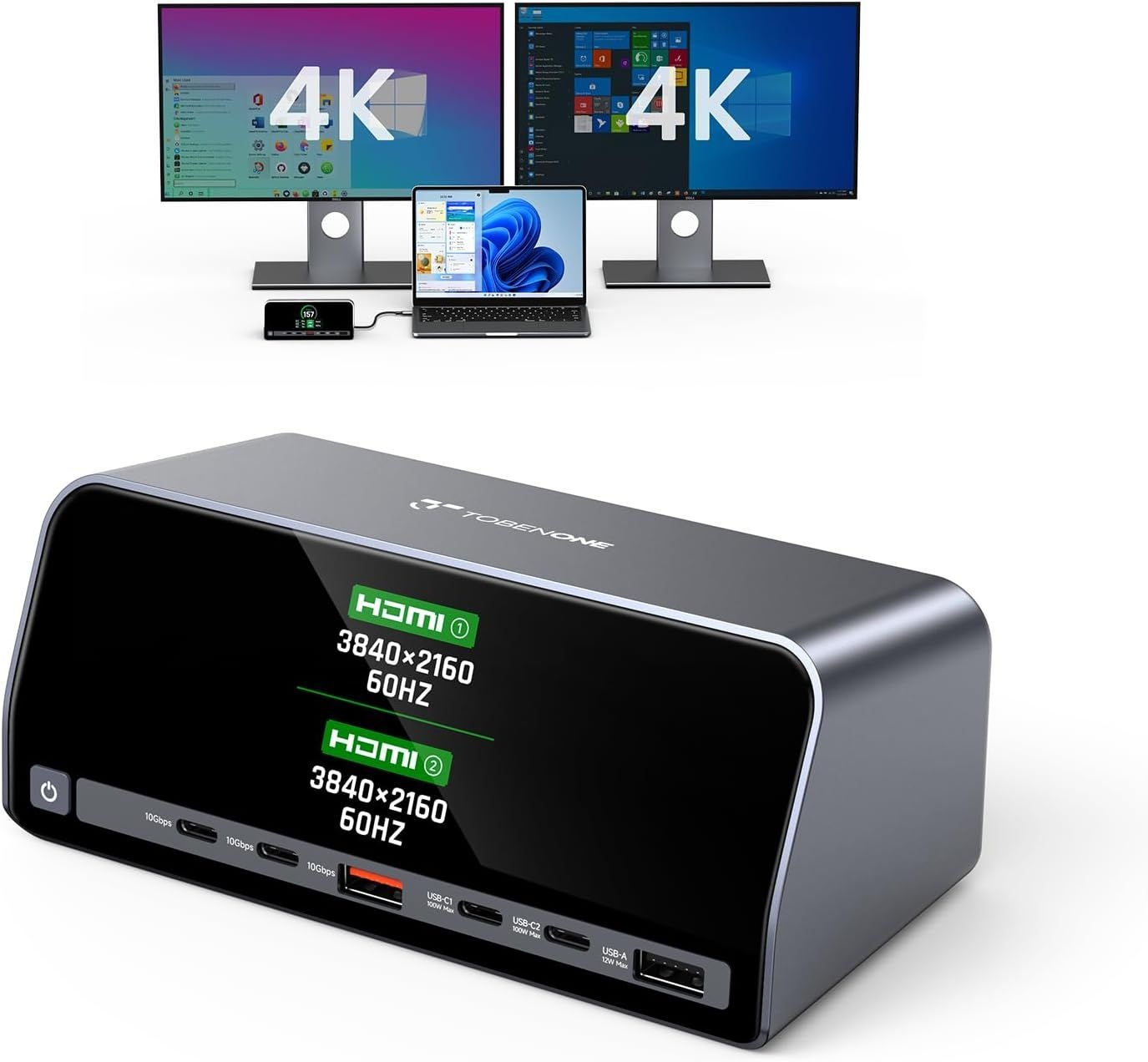 [해외] 토베논 도킹 스테이션 듀얼 4K 윈도우용 모니터, 160W GaN+ LCD 디스플레이 | HDMI, PD 3.0, 10Gbps USB A/C, 실시간 화면,